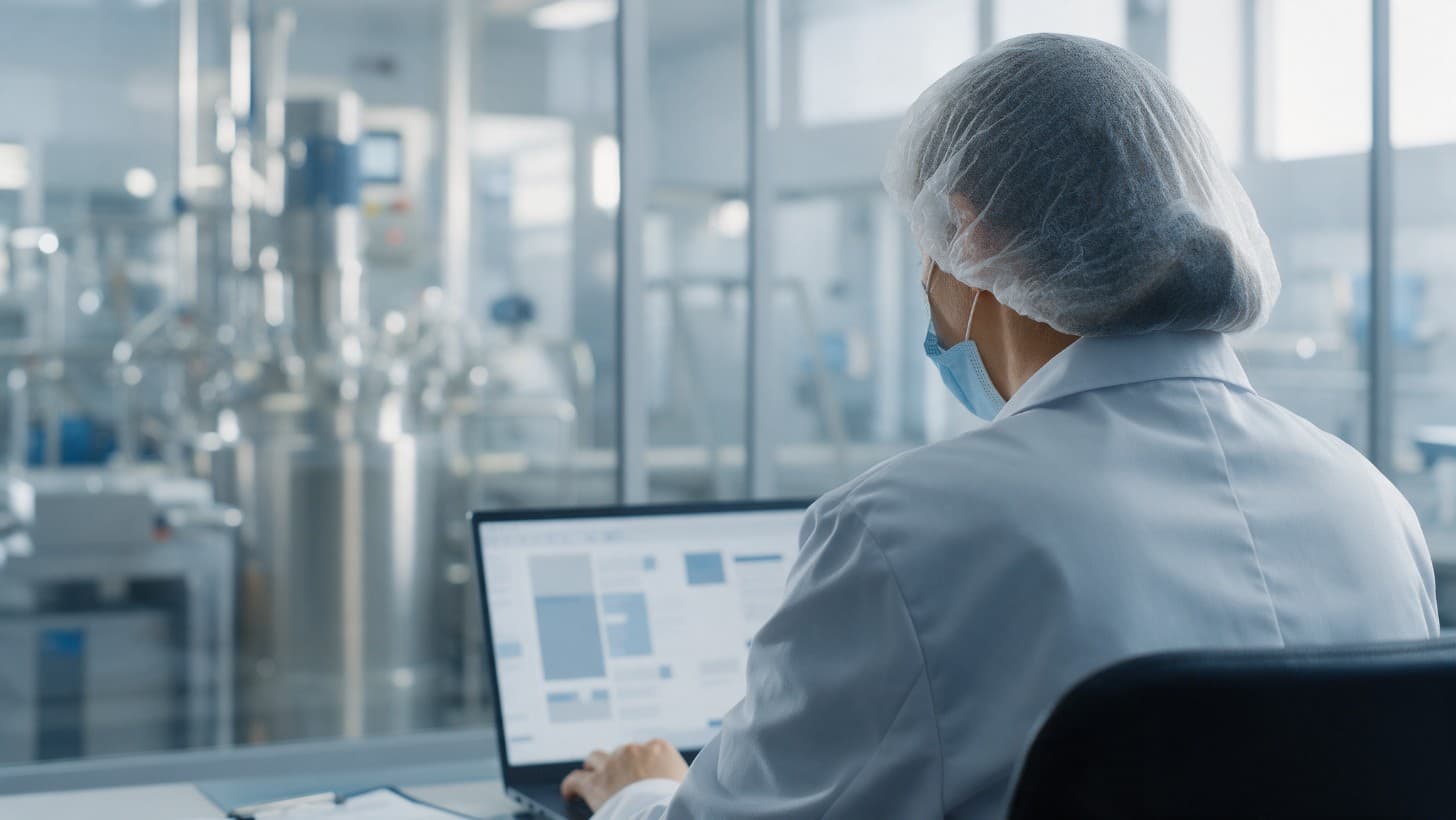 A quality reviewer at a laptop in a pharmaceutical office, with a GMP manufacturing area visible through a glass wall, screen content abstract