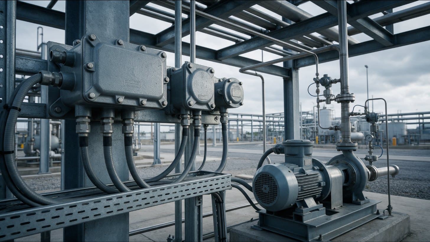 Outdoor process area with explosion protected junction boxes and cable glands on a steel structure, a cable tray, and a motor driven pump beside the pipework