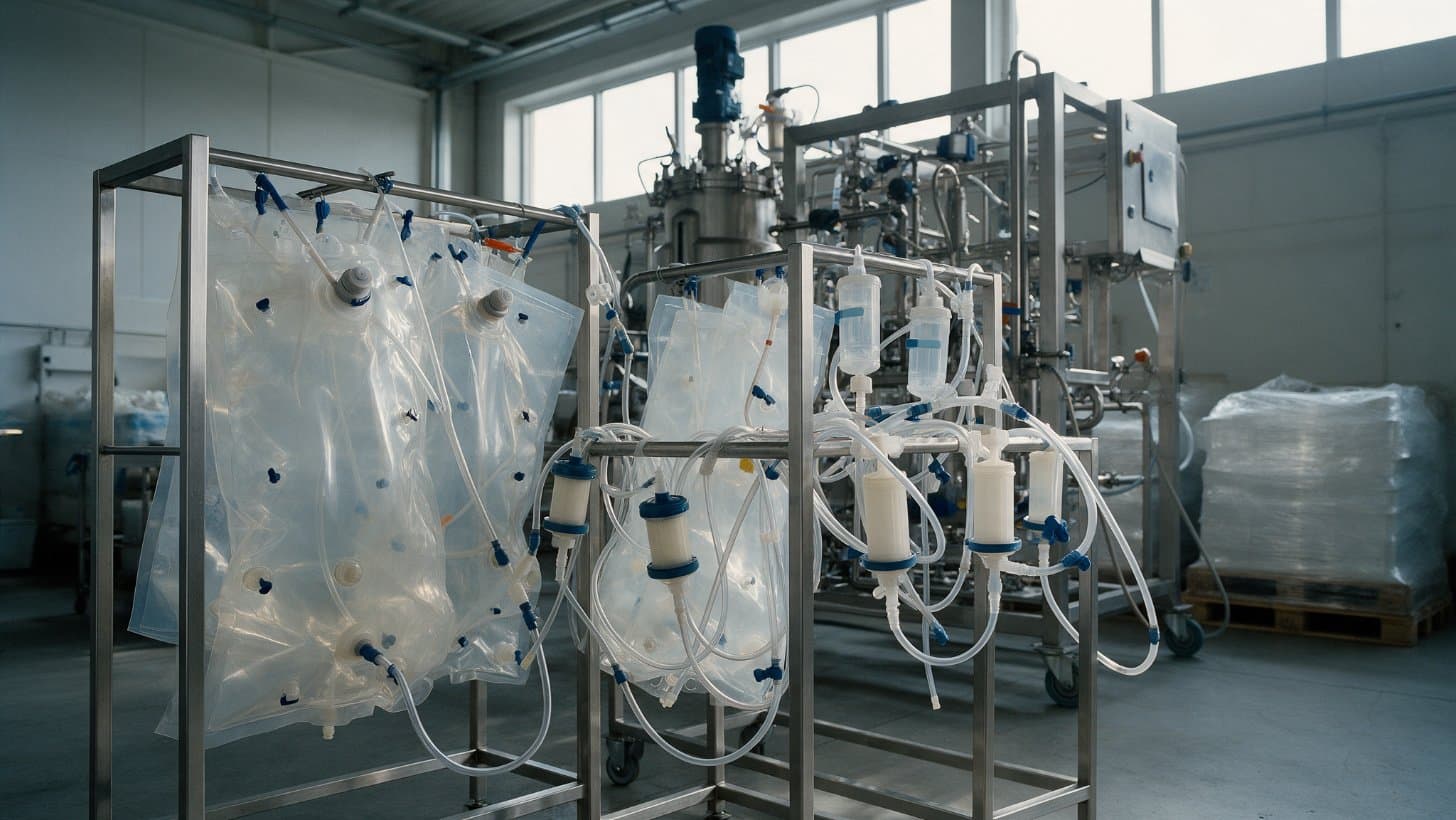 Single use bioreactor bags and filtration assemblies staged on stainless steel racks in a biopharma consumables warehouse