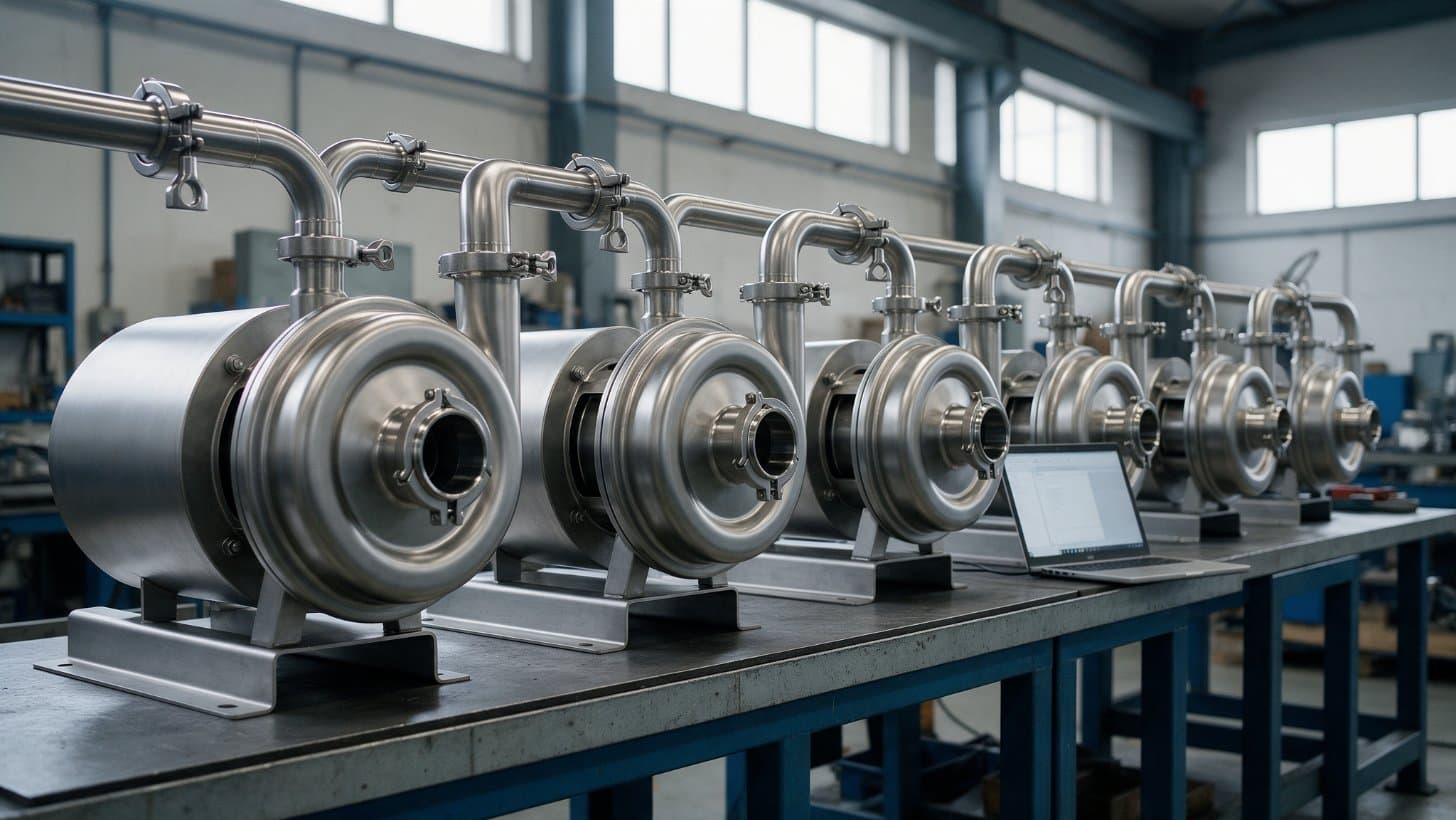 Stainless steel hygienic centrifugal pumps on a test bench in a fabrication shop, with sanitary clamp connections and polished casings under natural light