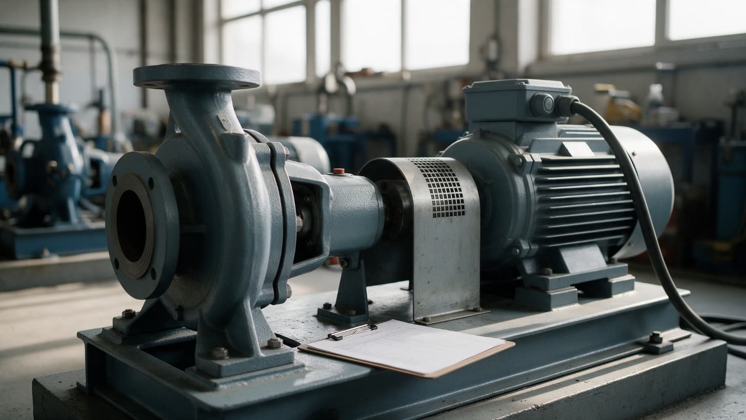 A horizontal end suction centrifugal pump on a steel baseplate in a test bay, with a clipboard holding a printed datasheet beside it