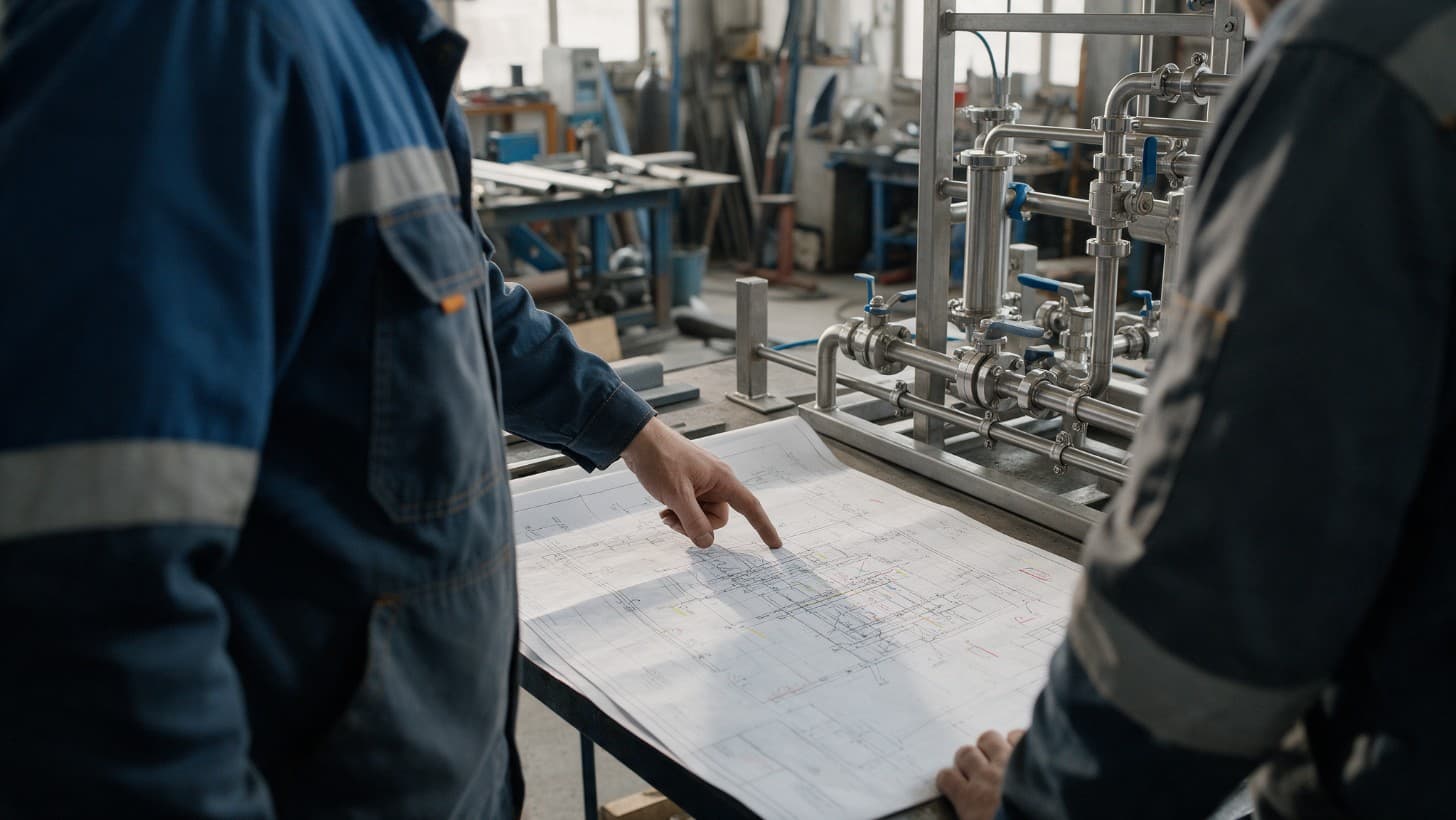 Engineers seen from behind reviewing a marked up drawing beside a partly built process skid in a workshop