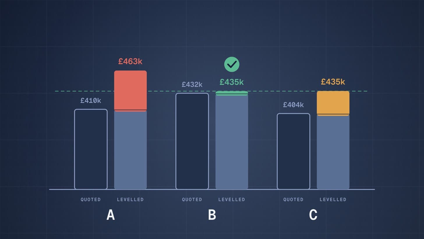 Chart of three bids, quoted and levelled: bid A rises from £410k to £463k, bid B from £432k to £435k and bid C from £404k to £435k