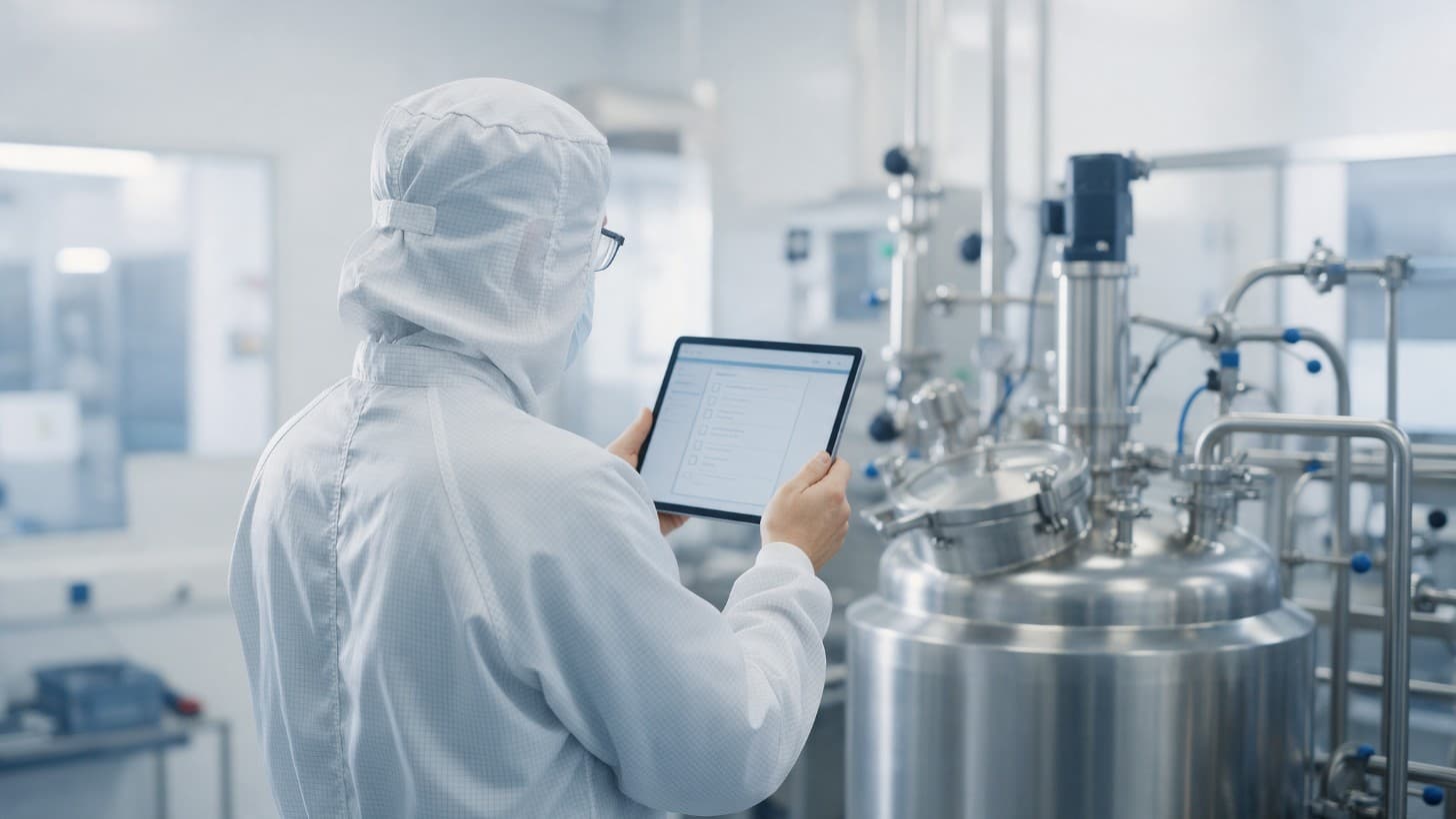 A validation engineer seen from behind with a tablet, checking a stainless steel vessel in a clean area