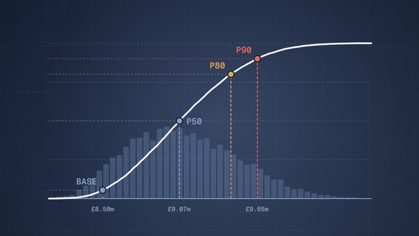 Chart of an S shaped cumulative cost curve over a histogram of simulated outcomes, marking the base estimate, P50, P80 and P90