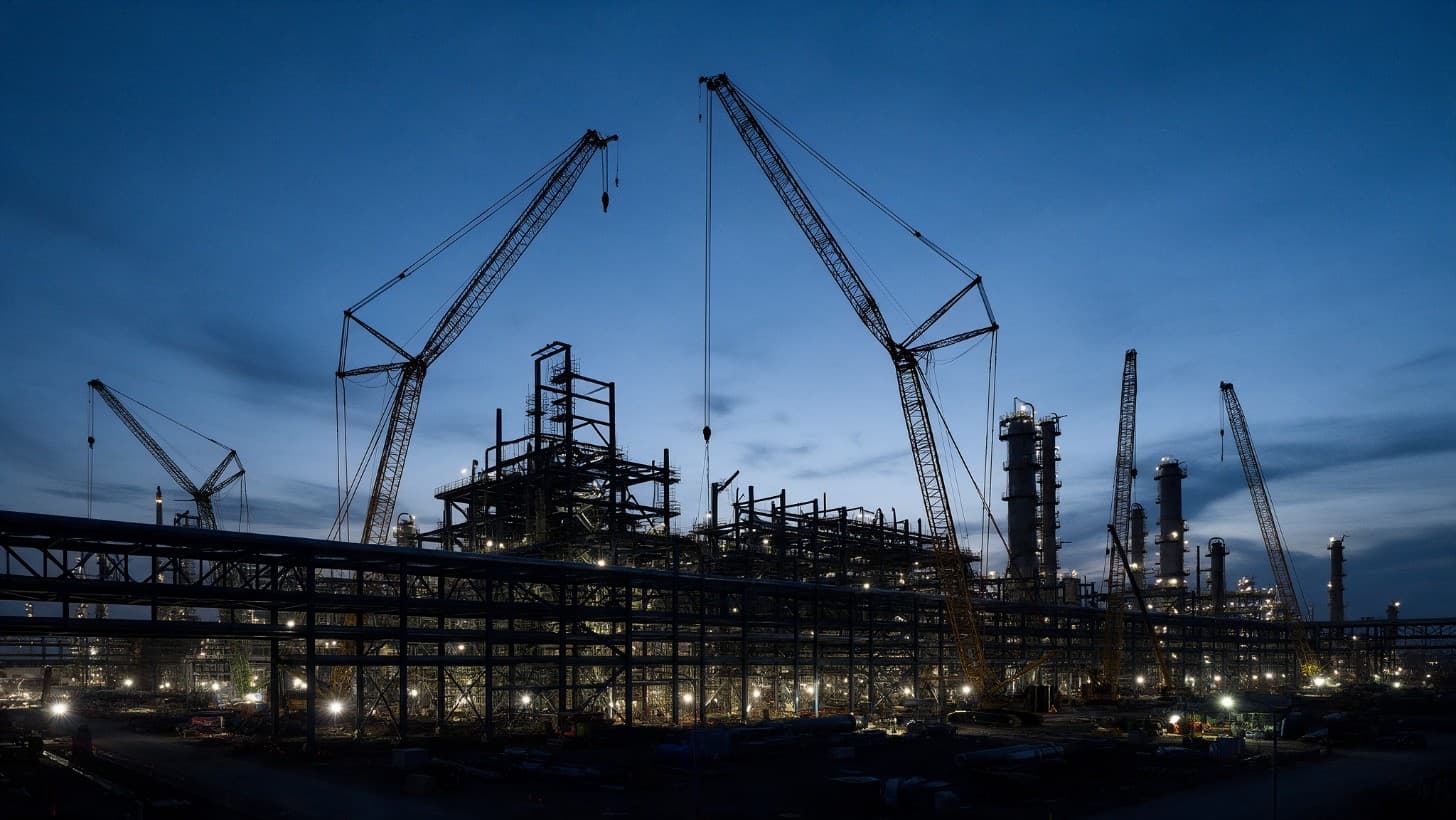A process plant under construction at dusk, with cranes and pipe racks against the sky