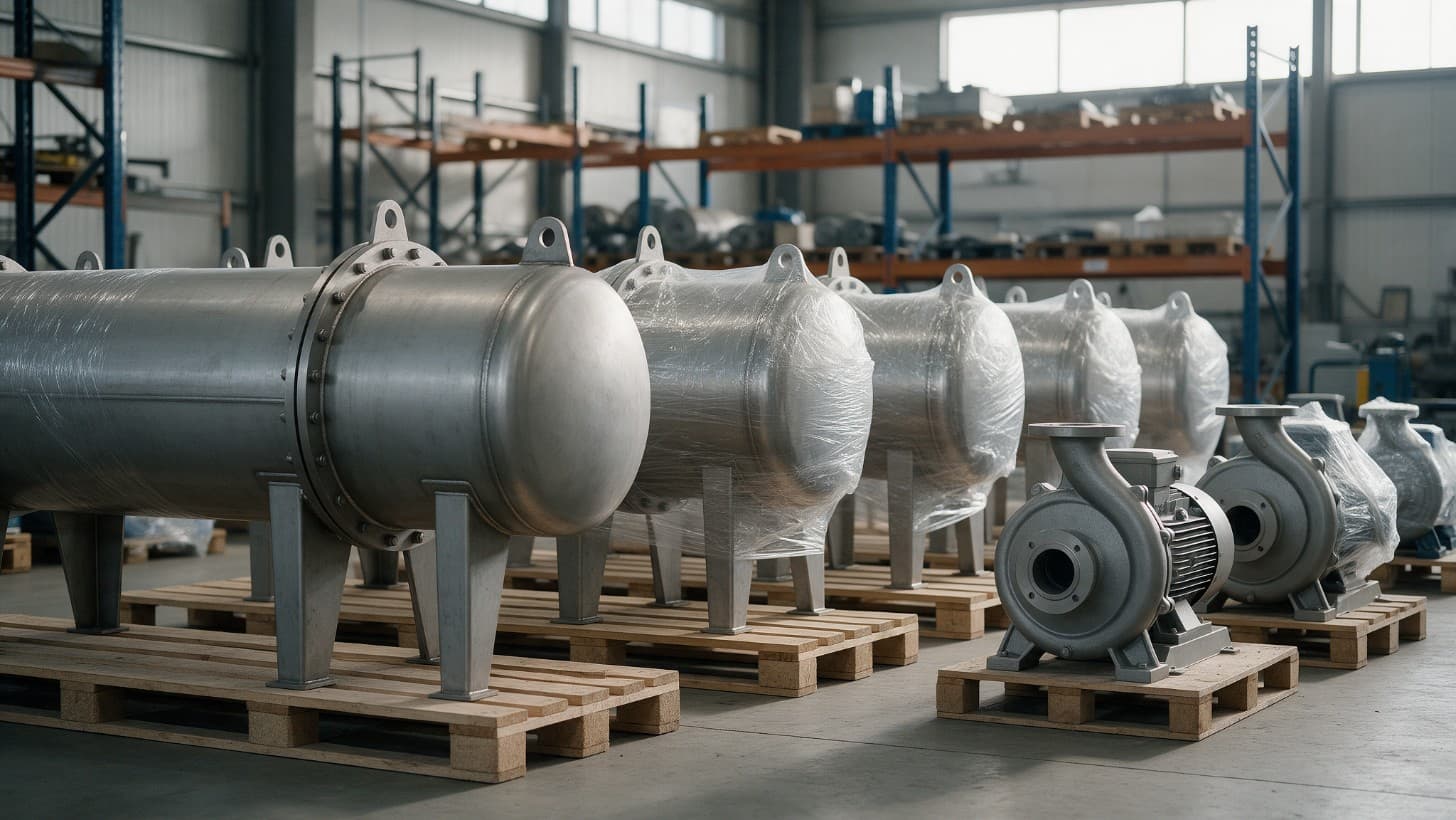 A row of new shell and tube heat exchangers and pumps on pallets in a warehouse, ready for dispatch