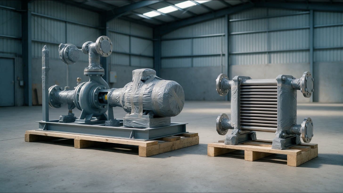 Pump skid and small heat exchanger wrapped in grey protective film on timber pallets in a clean warehouse, with flange openings covered