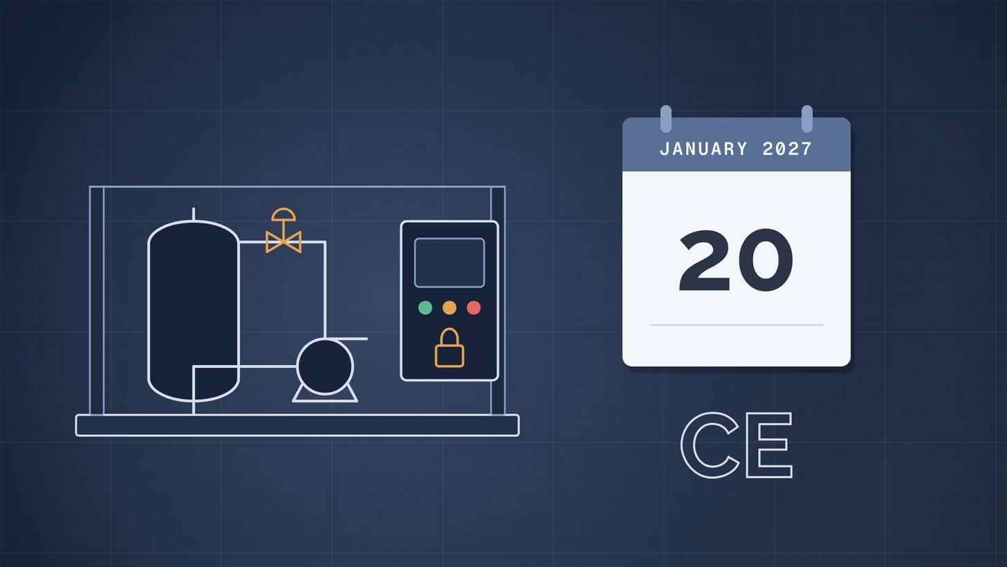 Blueprint style graphic: a process skid with a pump, vessel and control panel with a padlock, beside a calendar page for 20 January 2027 and an outlined CE mark
