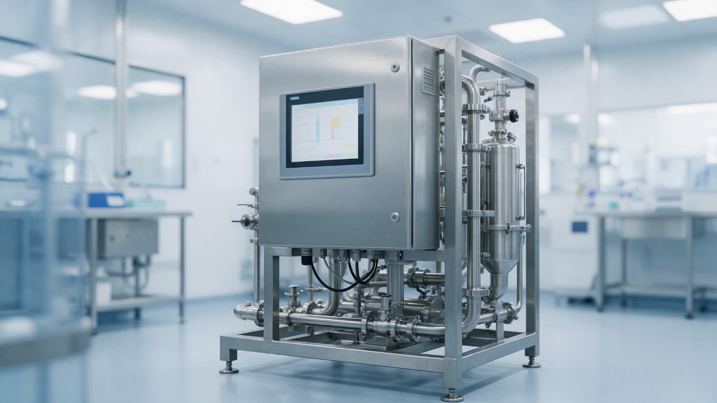 A stainless steel process skid with a control panel and an HMI touchscreen in a clean room, the screen showing abstract graphics only