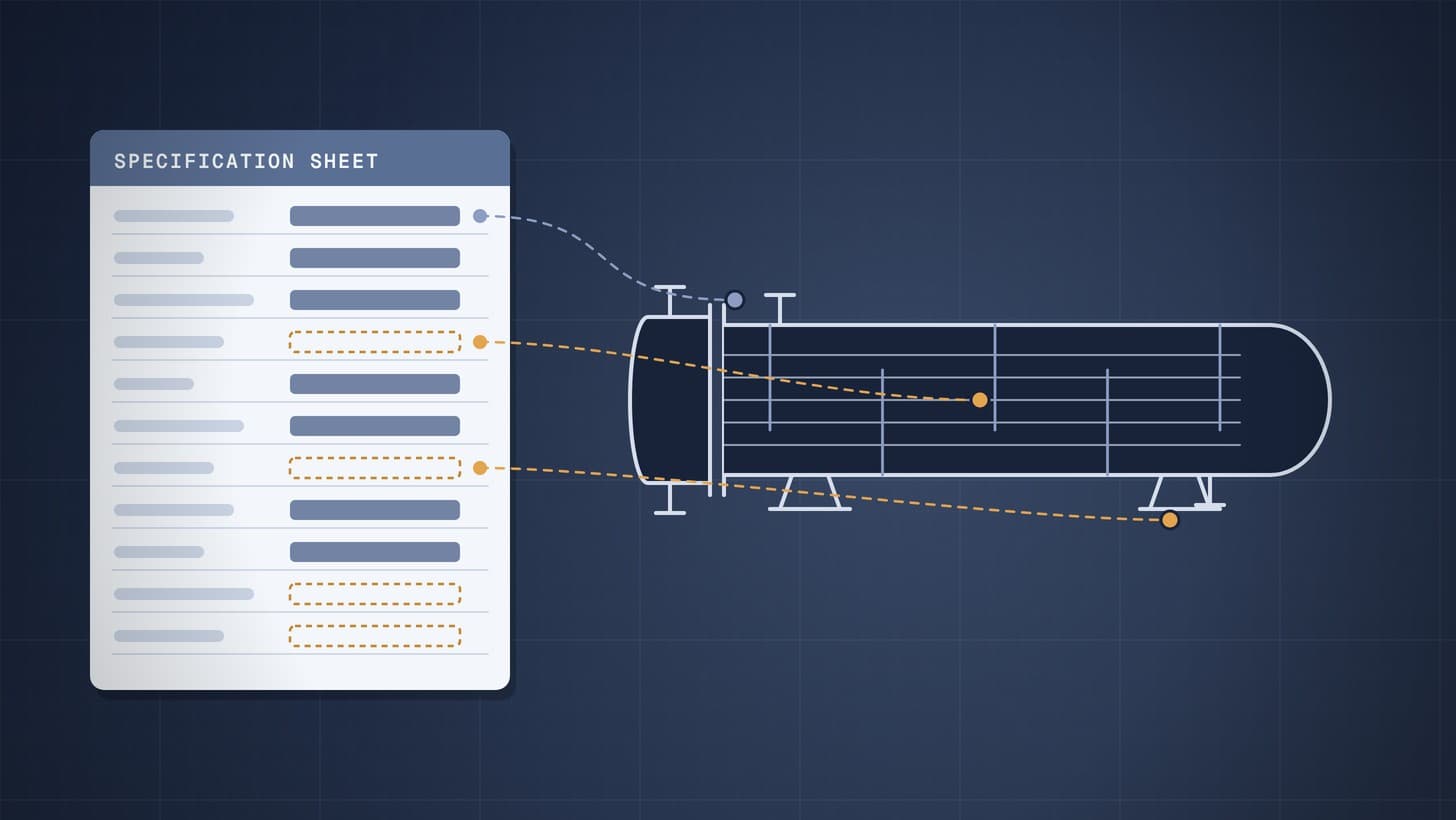 Graphic of a datasheet whose fields are linked by dotted lines to the shell, tubes and nozzles of a shell and tube heat exchanger
