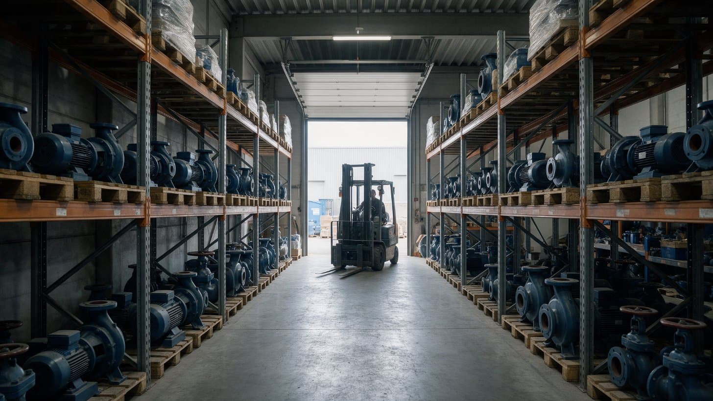 Centrifugal pumps on pallets along steel racking in a distributor warehouse, with a forklift in the aisle and an open loading bay at the end