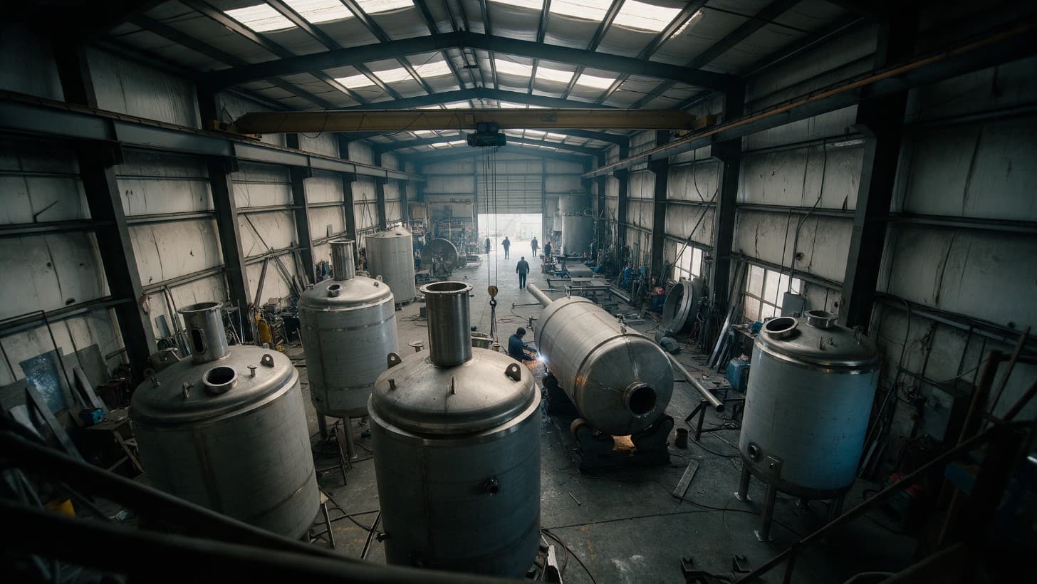 A busy fabrication shop floor seen from a mezzanine, with stainless steel vessels at different stages of build