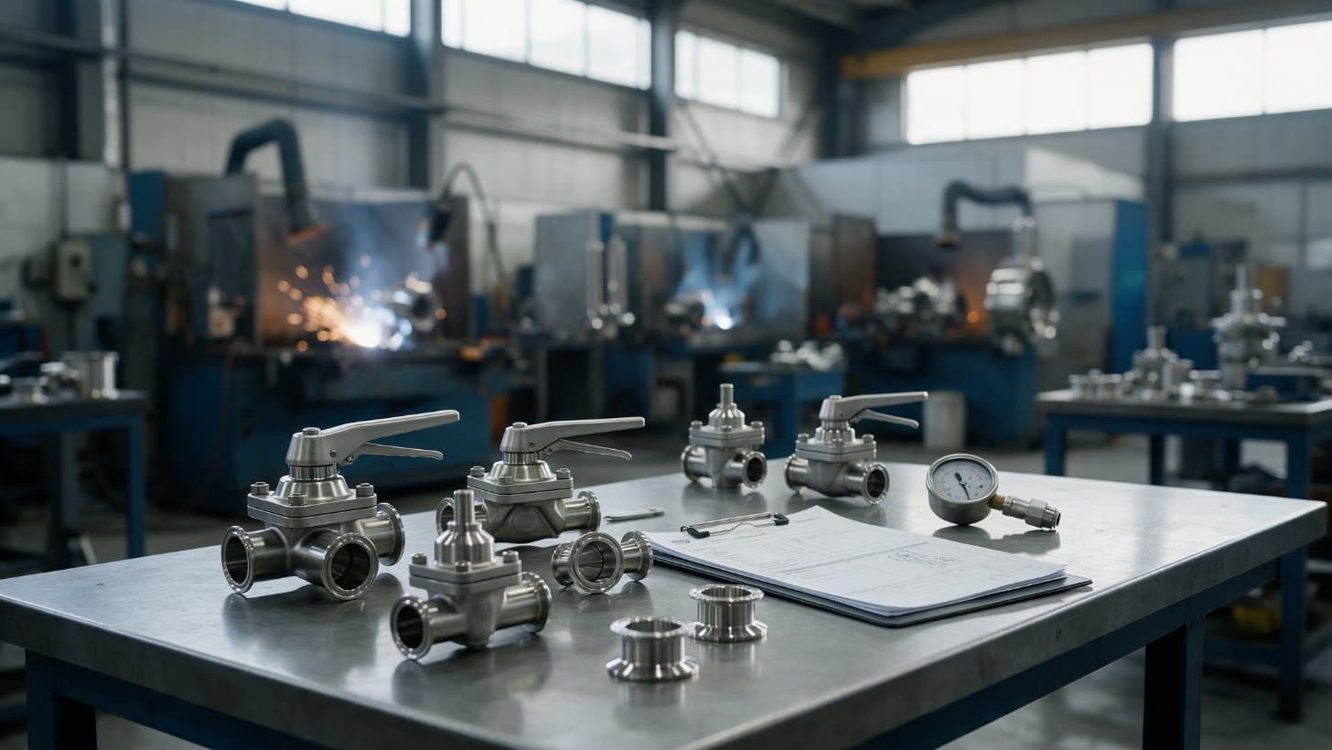 Stainless steel hygienic valves and clamp fittings laid out on an inspection bench in a fabrication shop, beside an inspection report and a pressure gauge