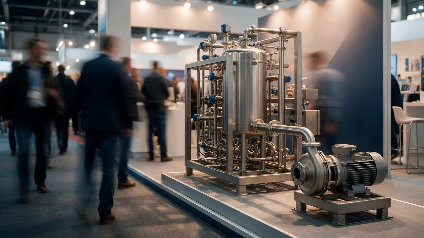 An exhibition stand with process equipment on display at an industry trade show, with the crowd blurred