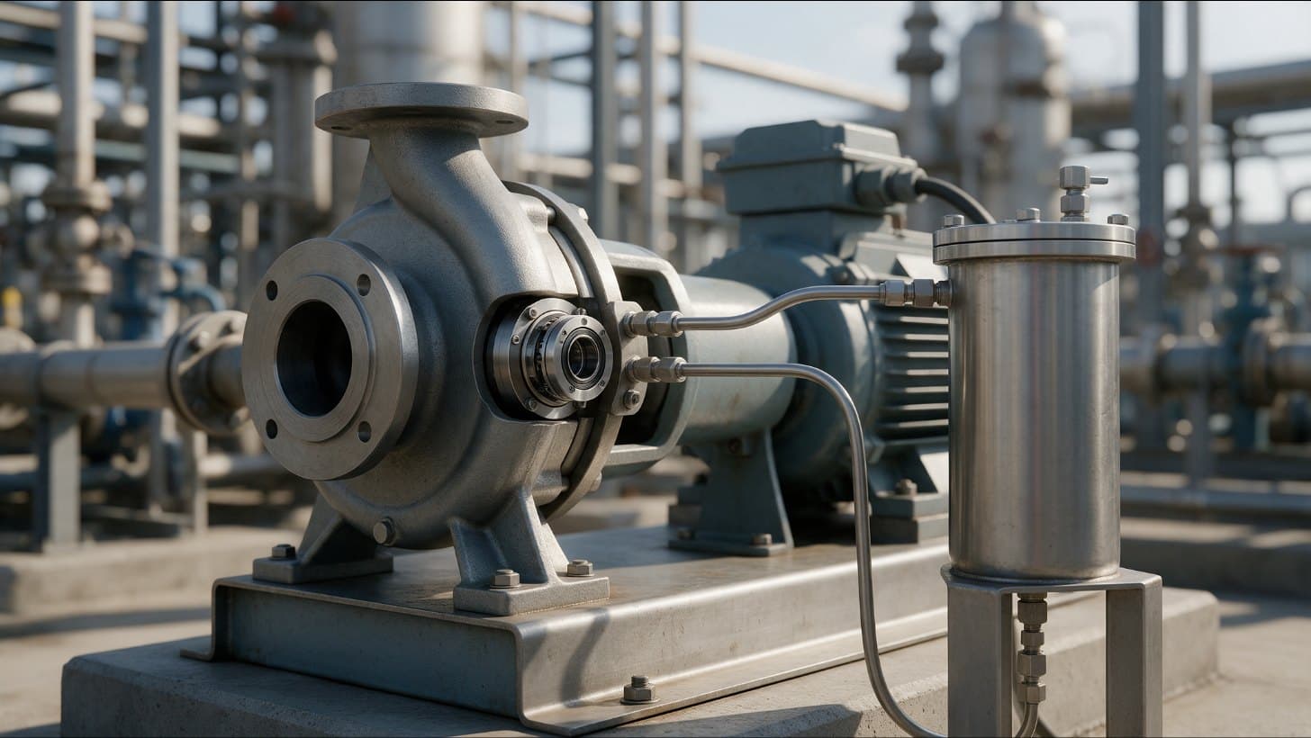 Horizontal centrifugal process pump on a baseplate with a cartridge mechanical seal and a stainless steel seal pot connected to the seal gland by small bore tubing