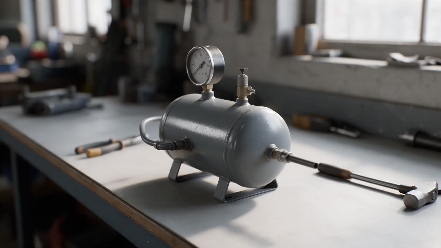 A small air receiver and pipework assembly on a workshop bench