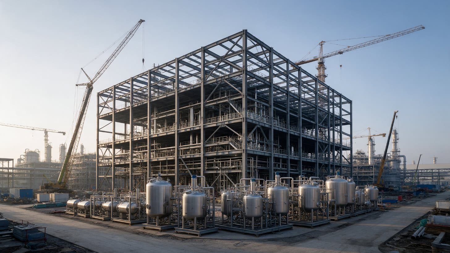 Steel structure of a new pharmaceutical manufacturing building under construction with cranes and stainless steel vessels waiting on the ground