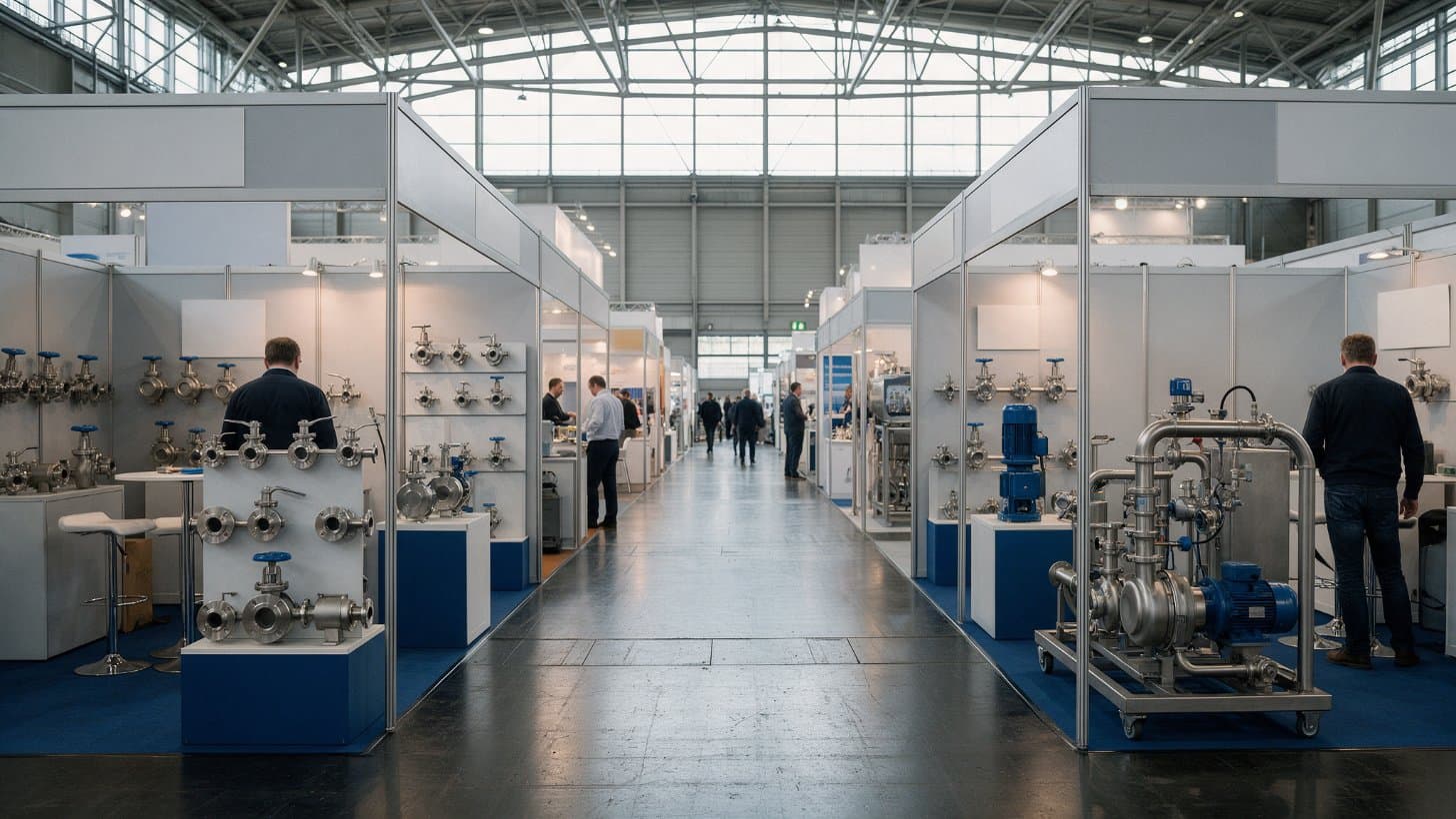 Wide aisle of a large industrial exhibition hall with stainless steel process equipment and valves on display stands under daylight