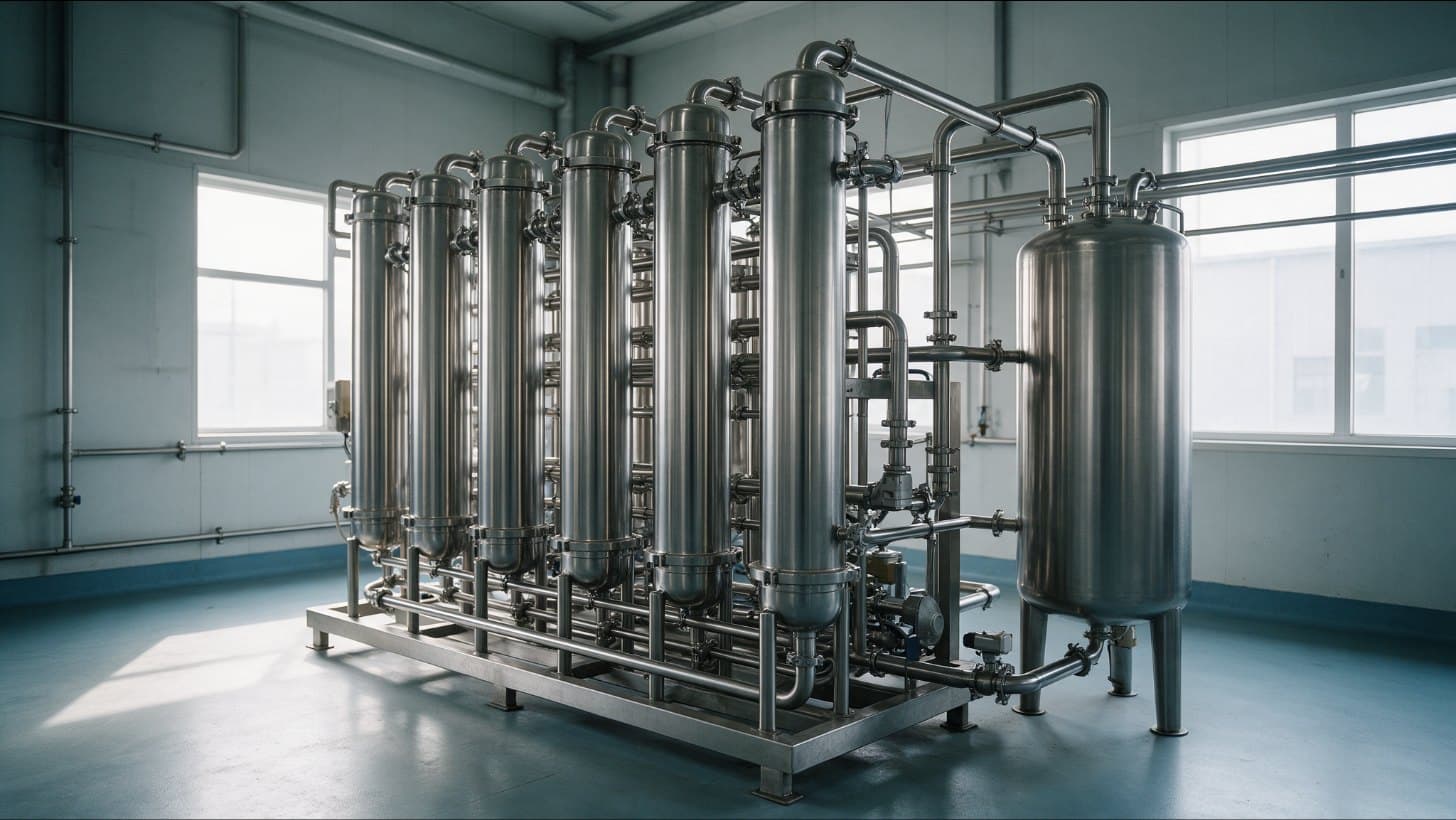 Stainless steel multiple column distillation unit for water for injections with a storage tank, on a frame in a plant room