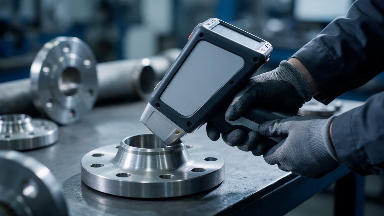 Hands holding a handheld analyser against a stainless steel flange in a fabrication workshop