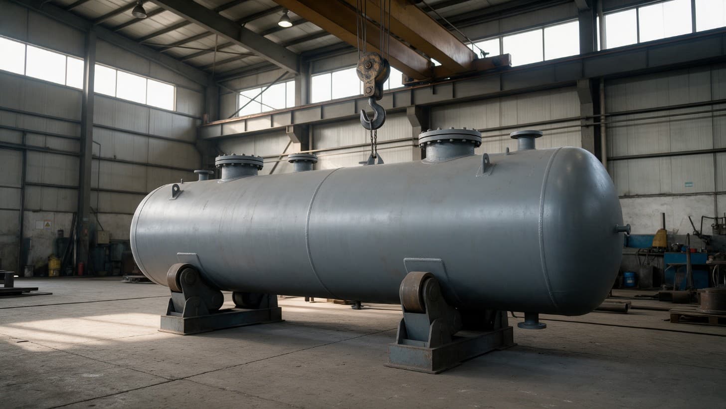 A horizontal carbon steel pressure vessel on saddles in a fabrication bay, nozzles visible, in grey primer
