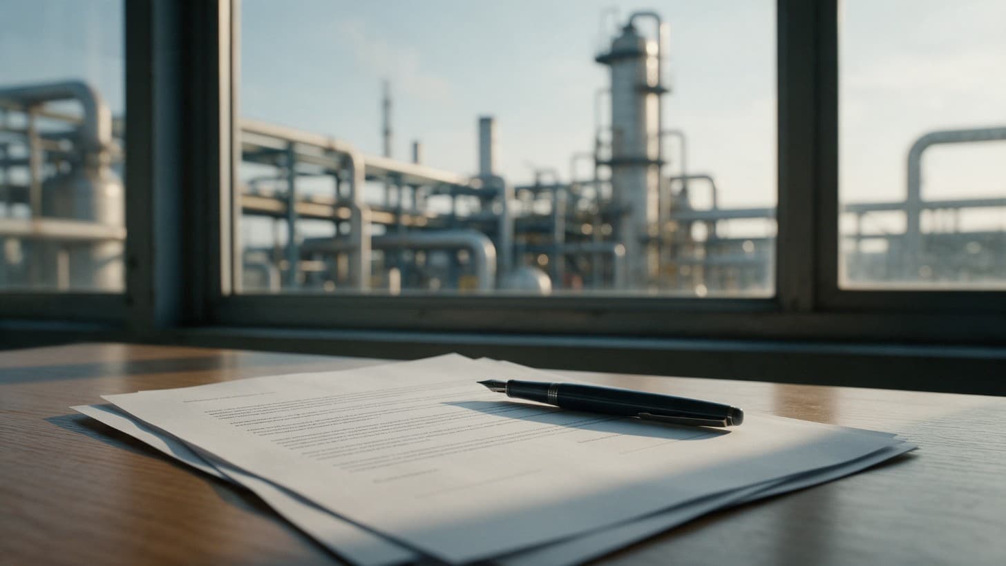 Printed contract pages and a fountain pen on a desk in a plant office, with a process plant blurred through the window