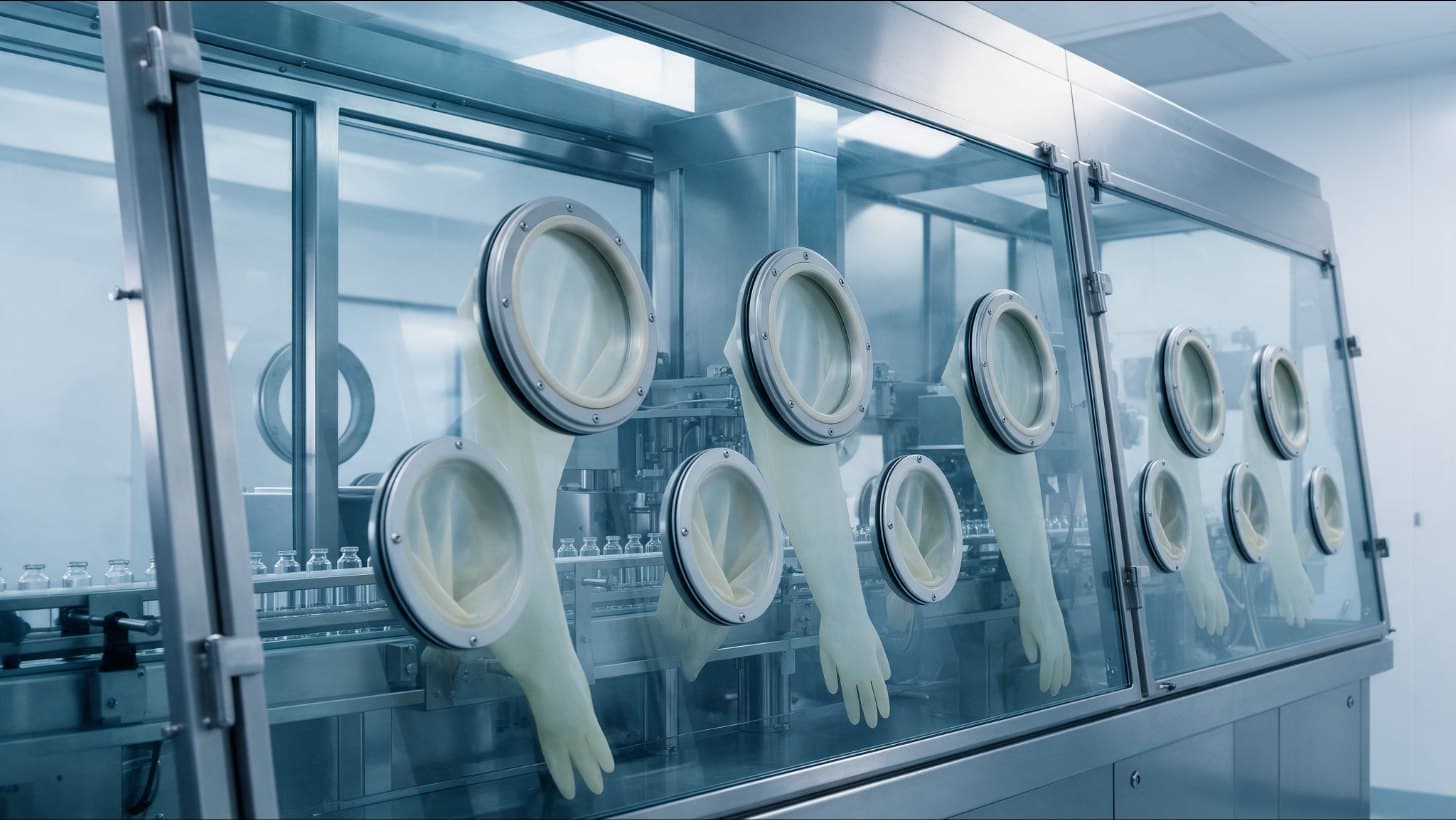 Aseptic filling line enclosed behind clear rigid panels with glove ports, in a cleanroom with stainless steel surfaces