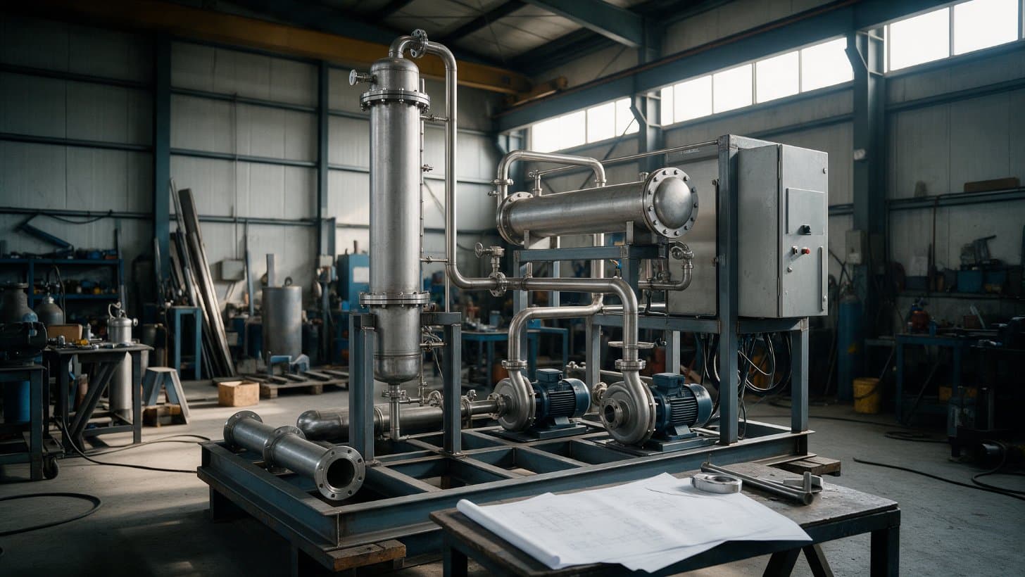Stainless steel solvent recovery skid with a packed column, condenser and pumps on a fabricated frame in a fabrication shop