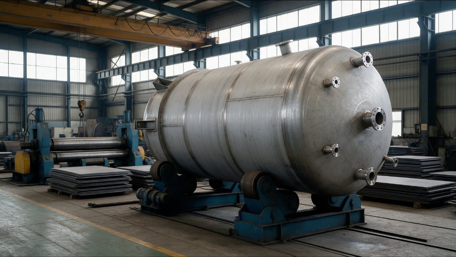 Stainless steel pressure vessel shell with a dished end resting on turning rolls in a fabrication workshop, with stacks of plate and a plate rolling machine behind