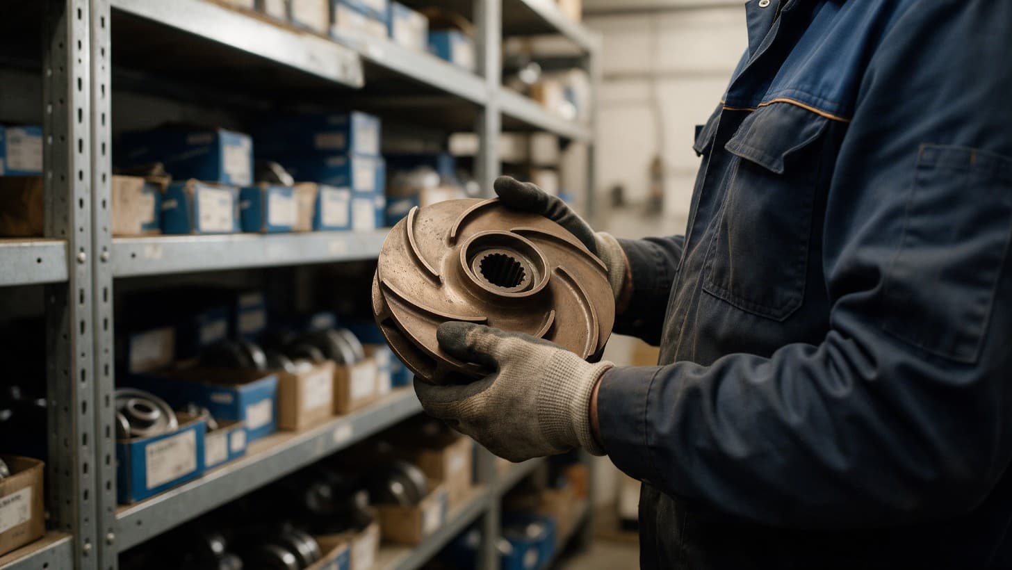 A maintenance engineer's hands holding a worn pump impeller next to a shelf of spare parts in a plant store