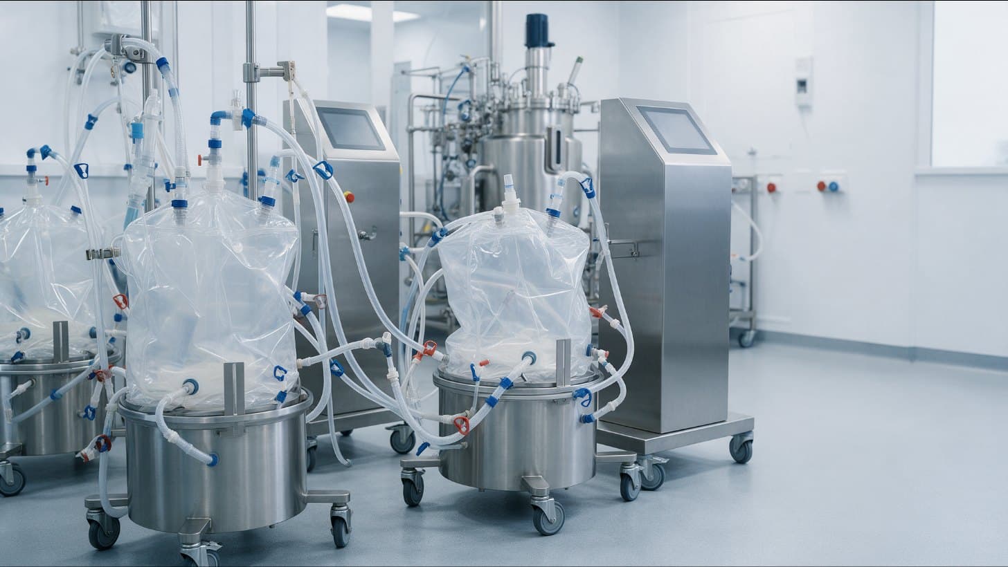 Single use bioreactor bags in stainless steel holders with tubing and controllers, beside a conventional stainless steel bioreactor in a clean production suite
