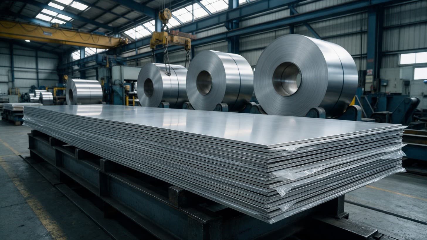 Stacks of stainless steel sheets and coils in a steel service centre