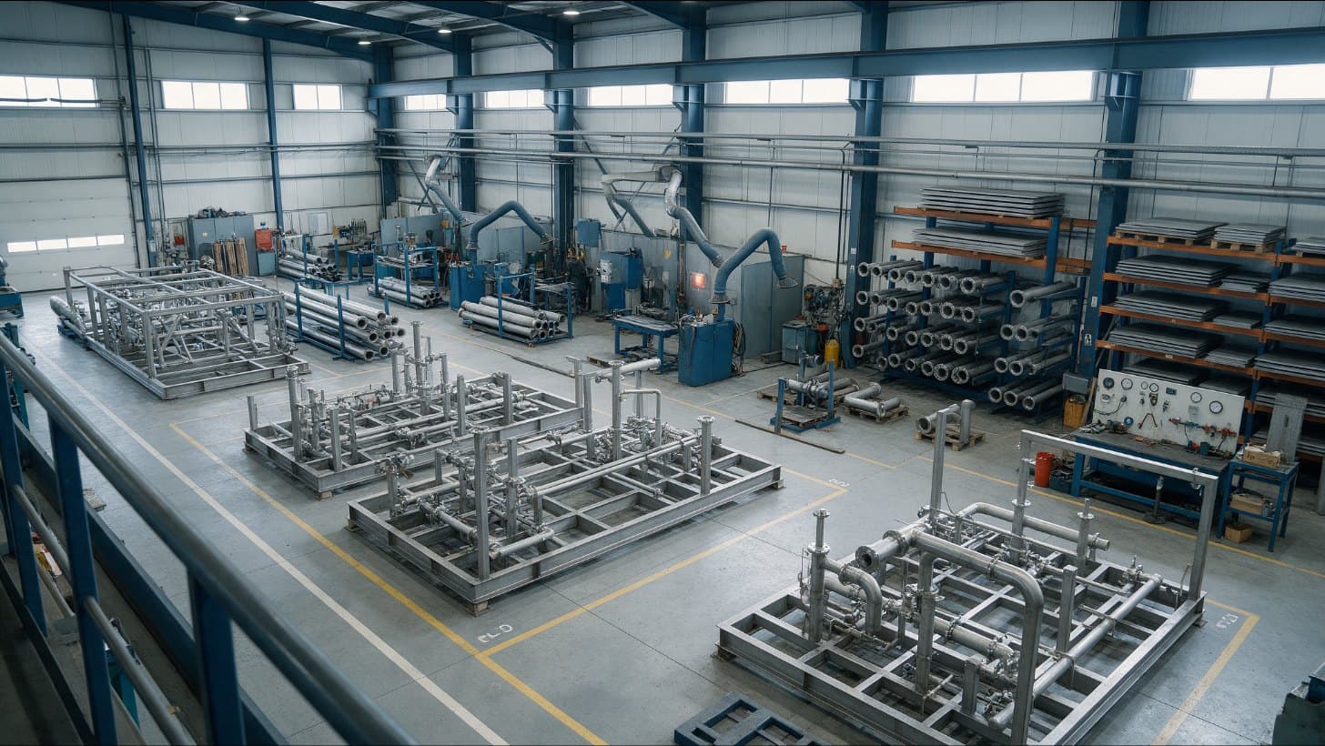 Organised process equipment fabrication shop seen from a raised walkway, with stainless steel skid frames under assembly in marked bays, pipe spools on racks and welding bays with fume extraction