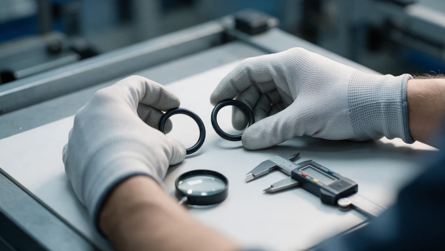 A quality engineer's hands comparing two elastomer seal samples on an inspection bench