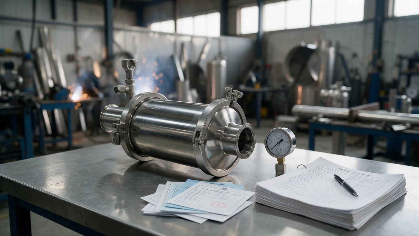 A sanitary filter housing, a pressure gauge, material certificates and a printed questionnaire on an inspection bench in a stainless steel fabrication shop