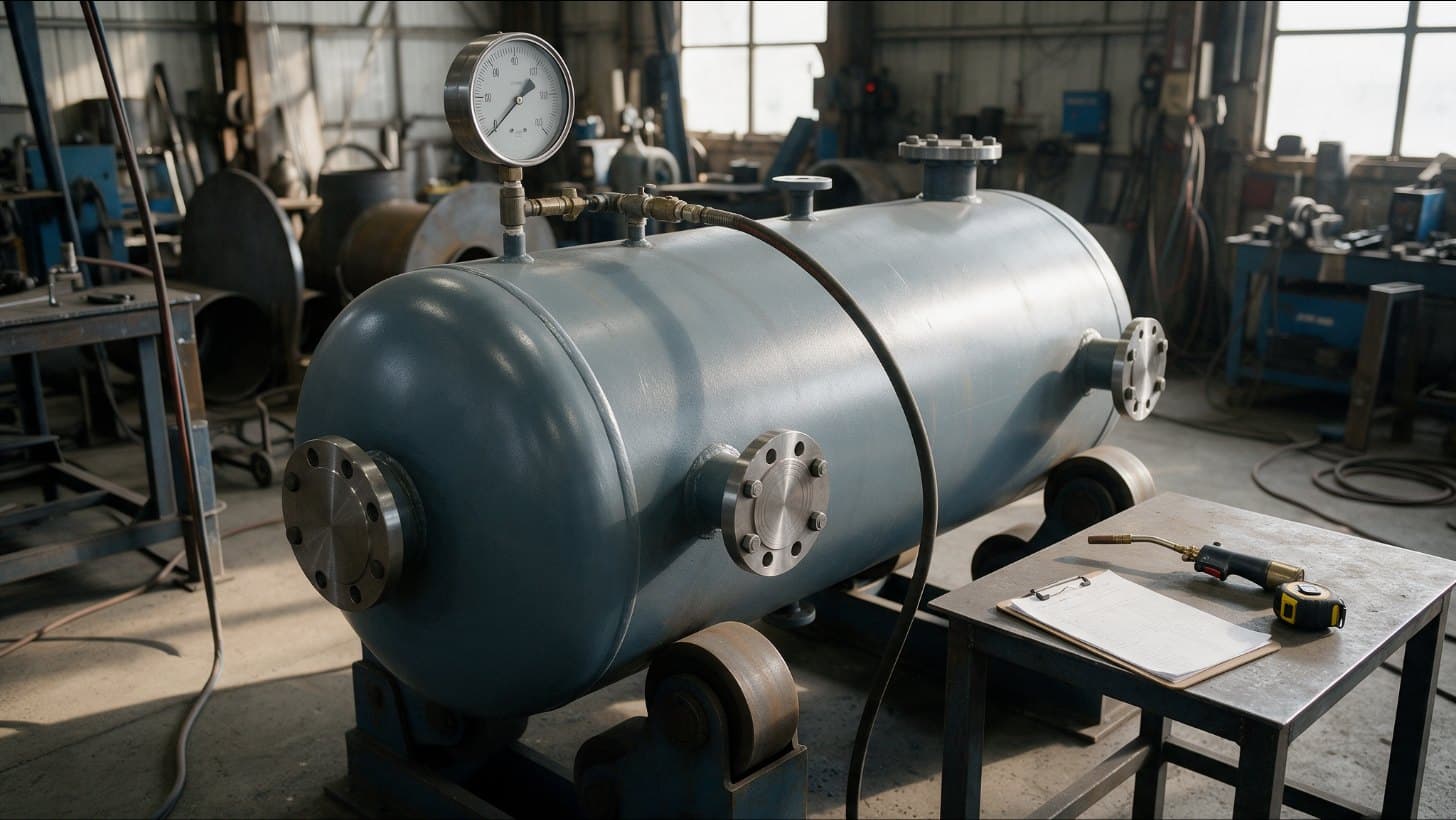 Painted carbon steel pressure vessel on supports in a fabrication shop, set up for a pressure test with a dial gauge and hose on a nozzle, beside a table with a clipboard and torch
