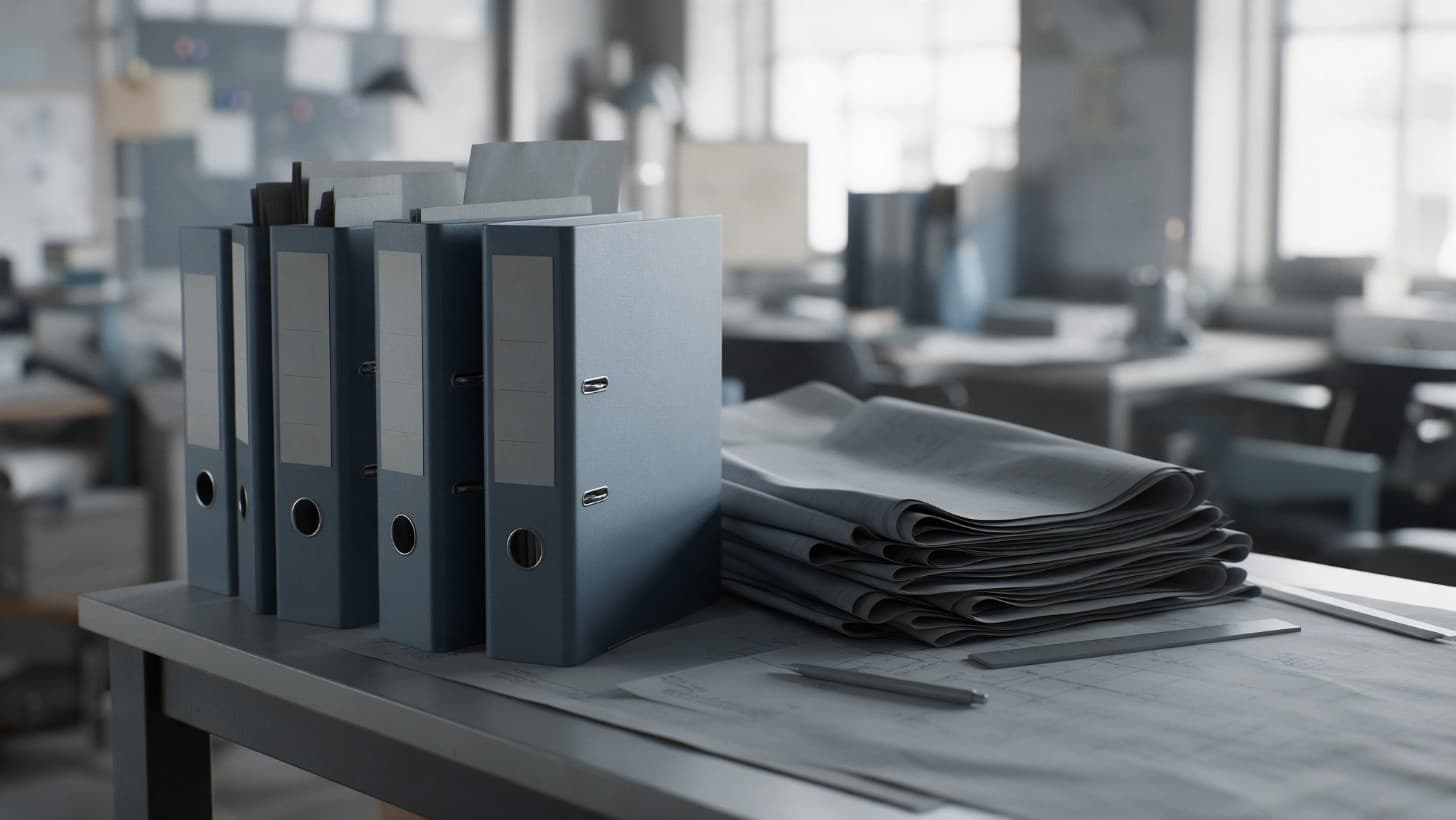 Thick ring binders of a vendor data book and a stack of engineering drawings on a table in a project office