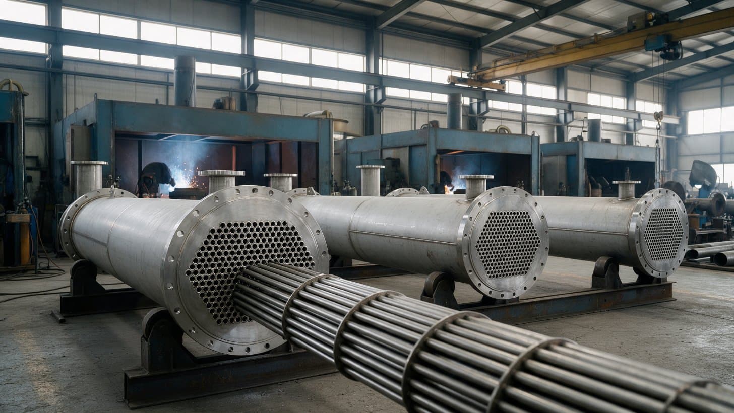 Shell and tube heat exchangers on steel cradles in a fabrication shop, with a tube bundle in the foreground and welding bays behind