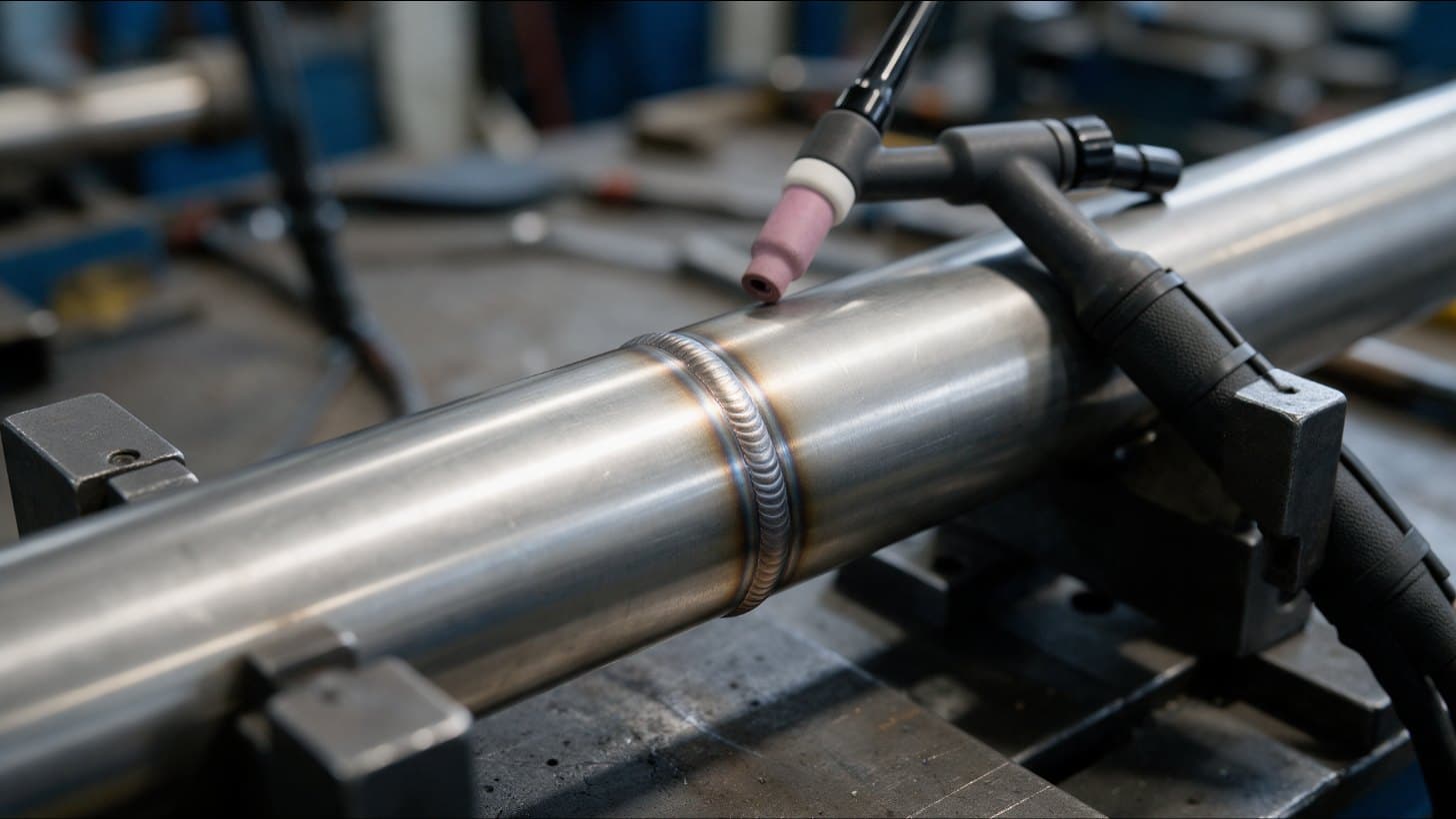 Close up of a TIG welded circumferential butt weld joining two sections of polished stainless steel pipe held in a fixture, with a TIG torch beside it