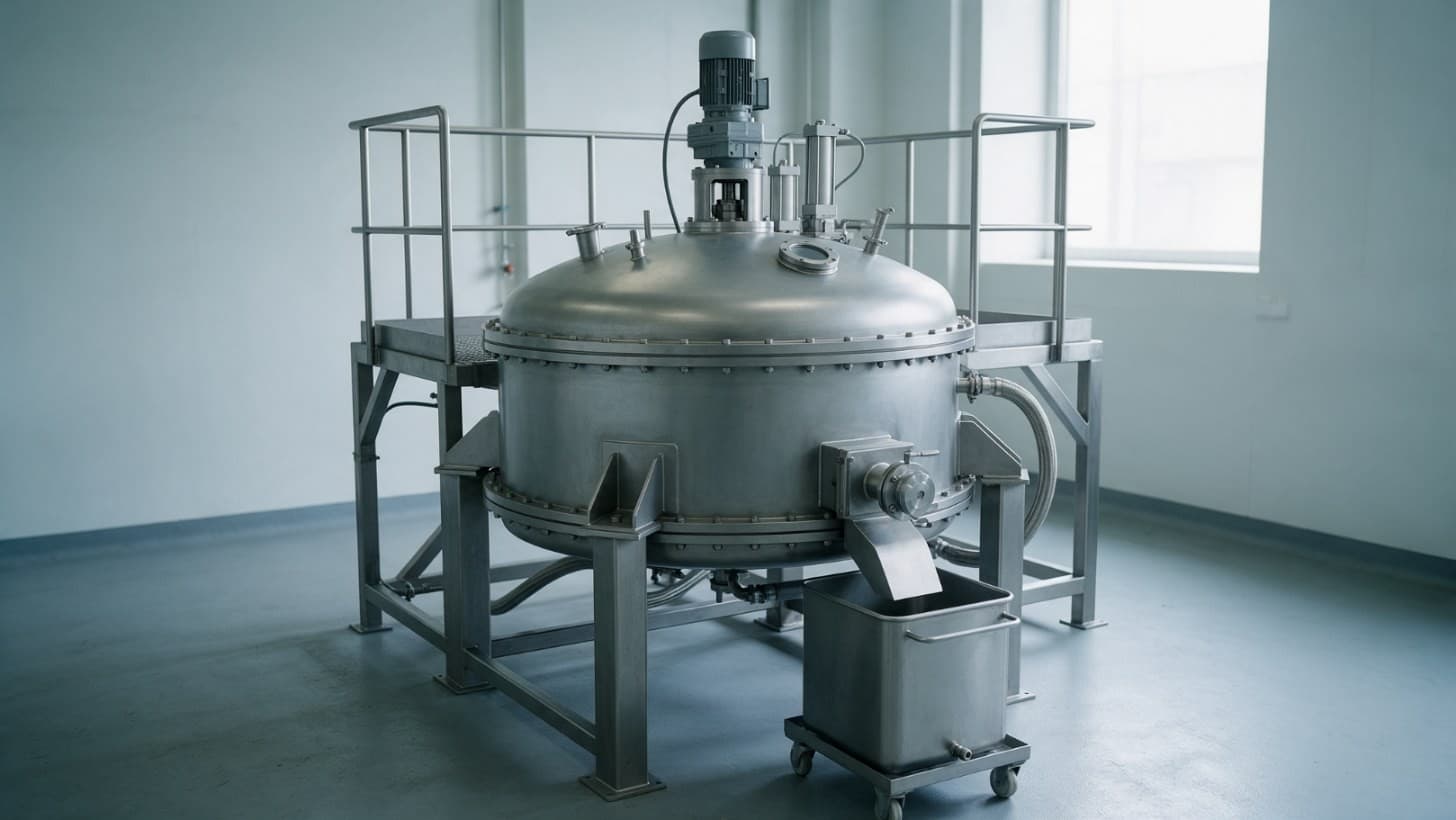 A stainless steel agitated nutsche filter dryer with a dished top head, agitator drive and side discharge valve linked to a glove box isolator, on a steel platform in a pharmaceutical plant
