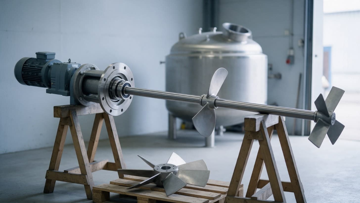 A top entry agitator with electric motor and gearbox mounted on the dished head of a stainless steel mixing vessel, with a pitched blade impeller and a hydrofoil impeller resting on a pallet beside it