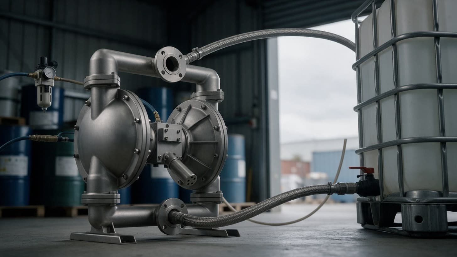 A stainless steel air operated double diaphragm pump with two round diaphragm chambers and top and bottom manifolds, connected by braided hoses beside an IBC on a chemical plant floor, with an air filter regulator on the wall