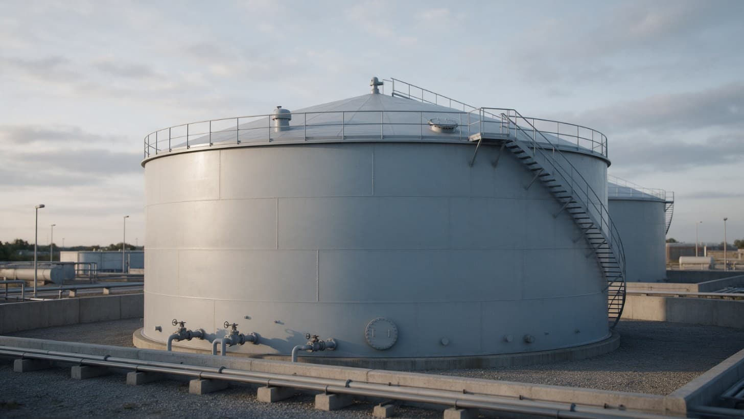 A vertical carbon steel storage tank with a fixed cone roof and a spiral staircase, standing on a ring foundation inside a bunded tank farm