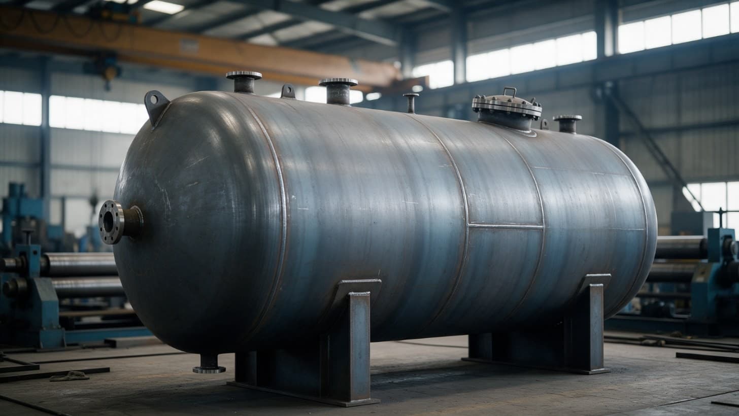 A large horizontal carbon steel pressure vessel with dished ends and flanged nozzles resting on saddles in a fabrication shop