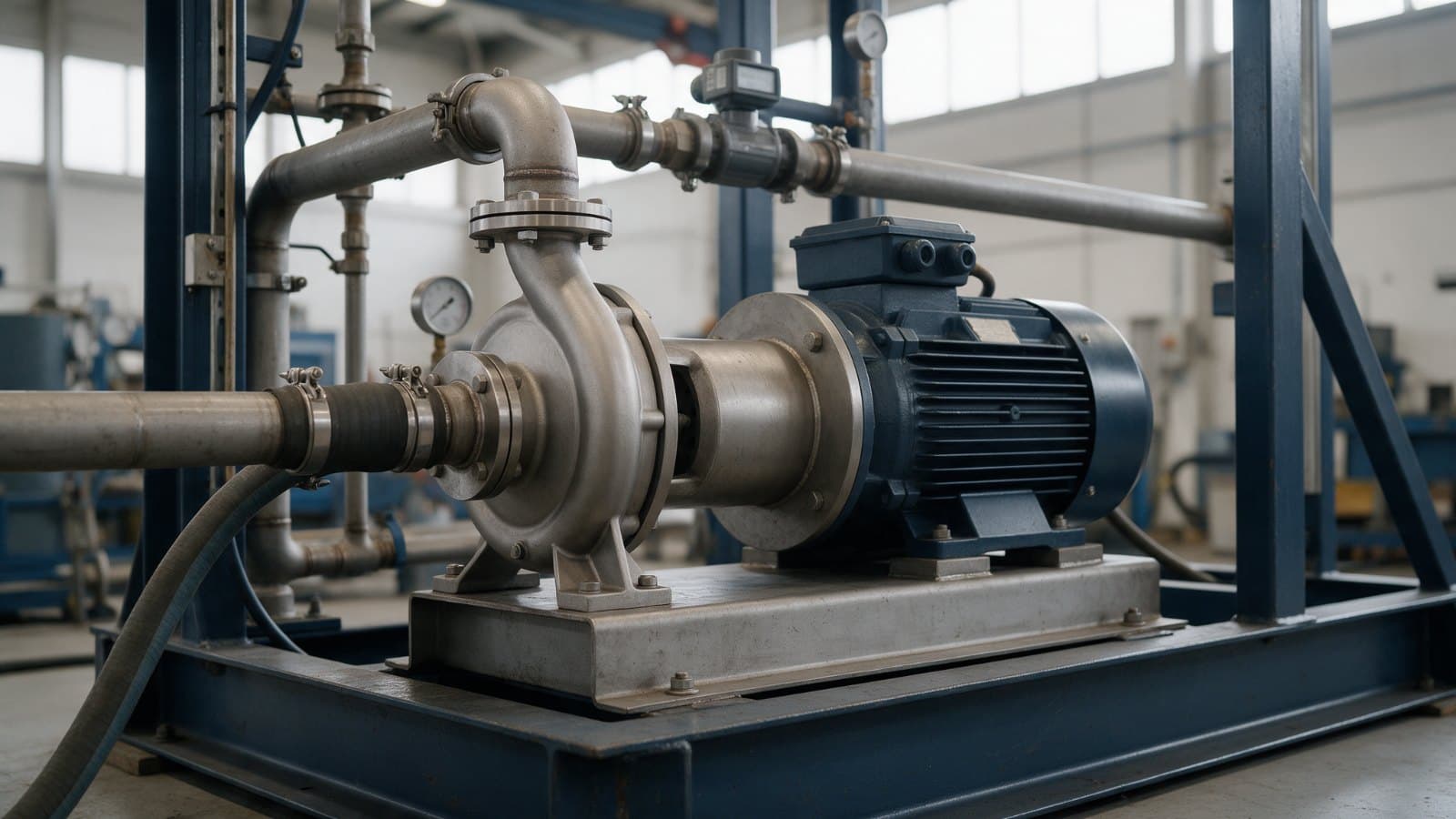 Stainless steel centrifugal pump and motor connected to test pipework on a factory test bed