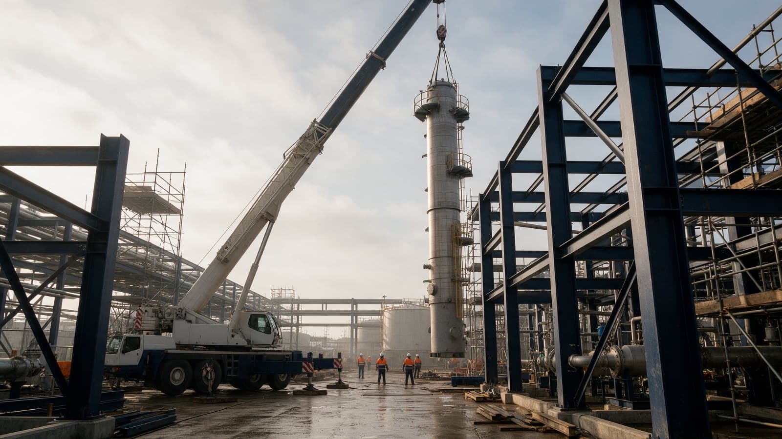 Mobile crane lifting a stainless steel column into a new plant structure