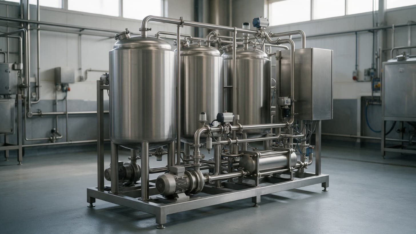 Stainless steel CIP skid with three insulated tanks, a supply pump, a shell and tube heater and polished sanitary pipework in a food plant room