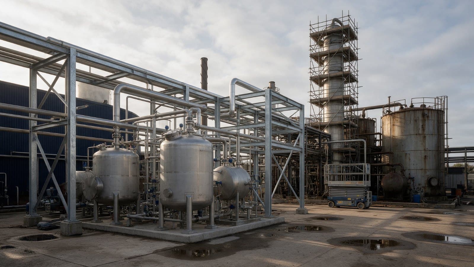 New stainless steel vessels and a pipe rack being installed beside older storage tanks and a scaffolded column at a chemical plant