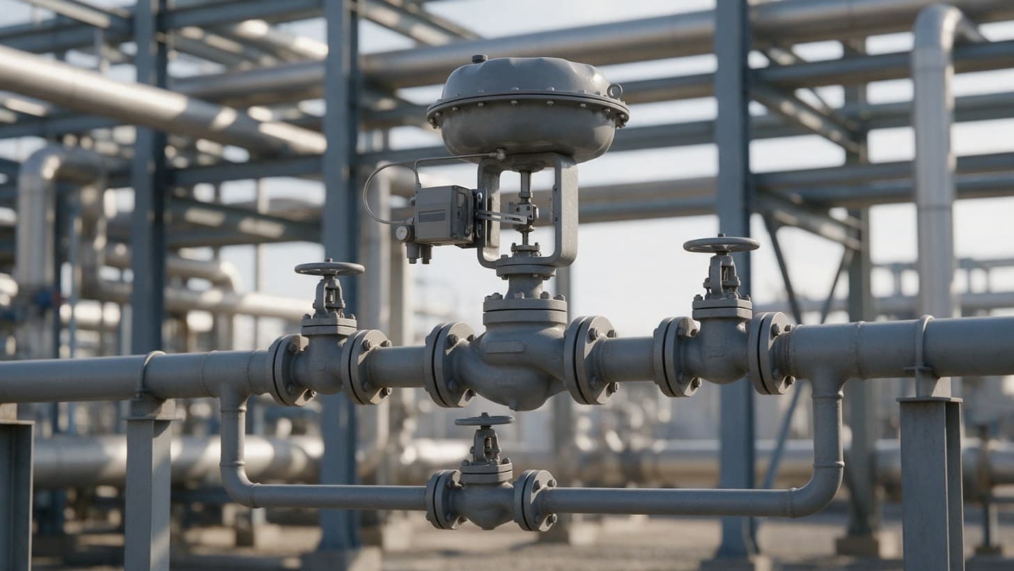 Pneumatic globe control valve with a diaphragm actuator in a pipework station with block valves on each side and a manual bypass valve